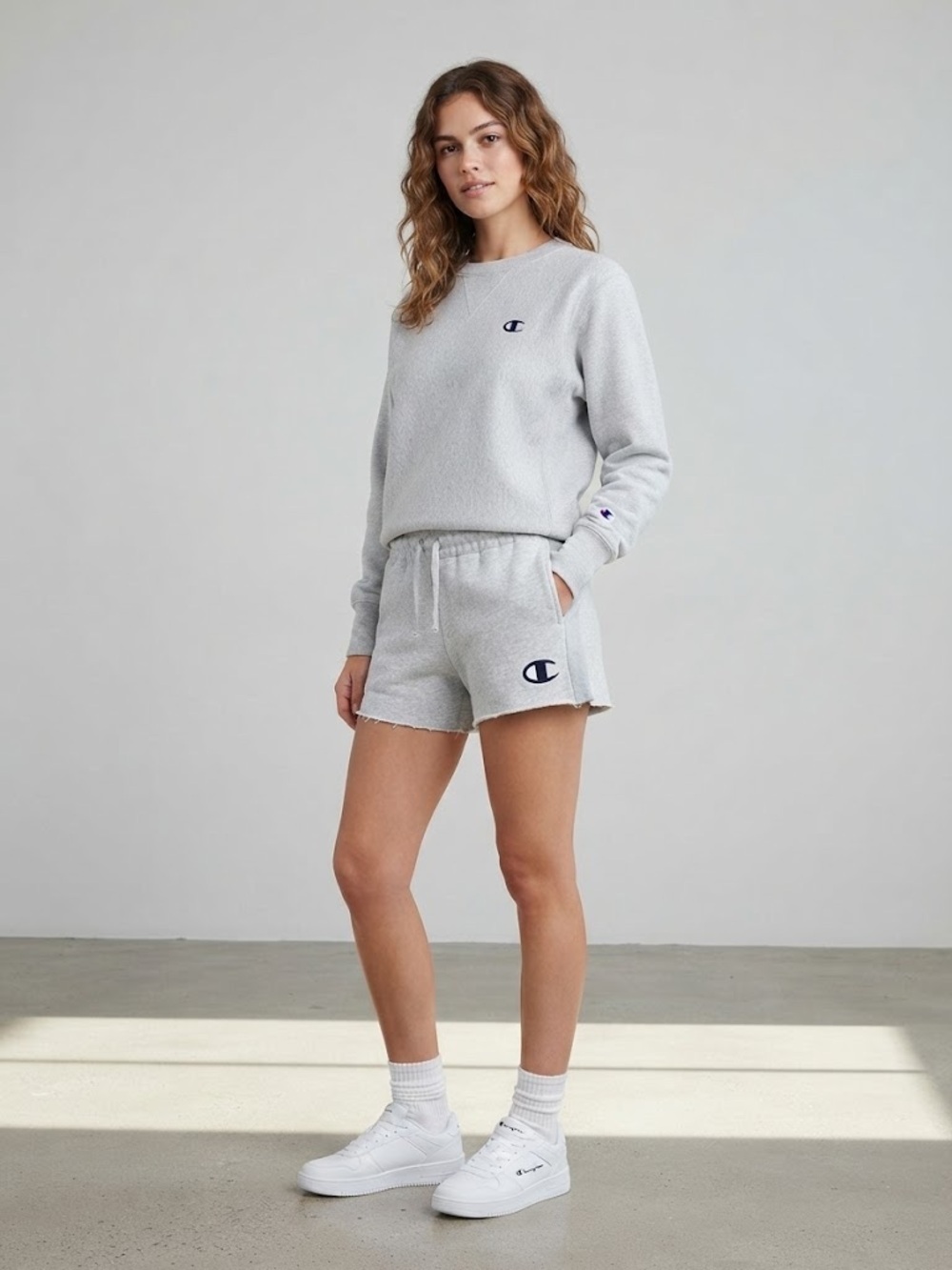 Champion Light Gray Terry Sweatshirt and Matching Athletic Shorts